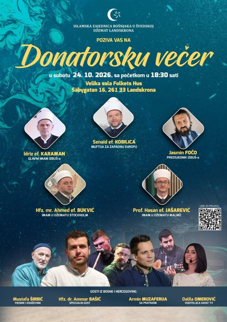 Plakat donatorske večeri Džemata Landskrona, 24. oktobar 2026.