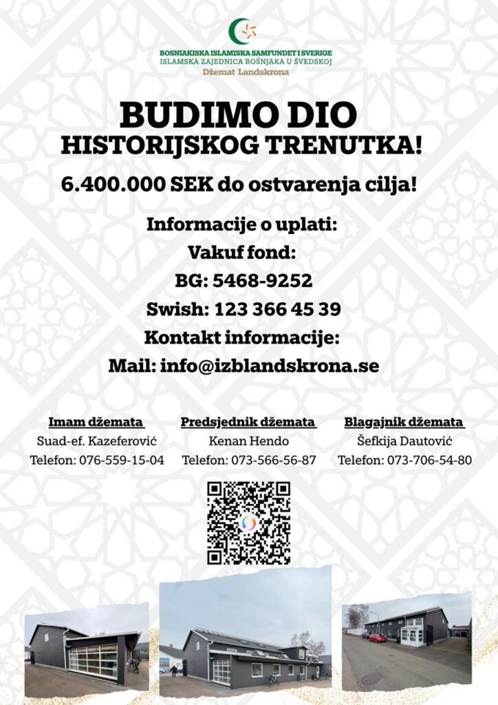 Plakat s informacijama o uplatama u vakufski fond Džemata Landskrona
